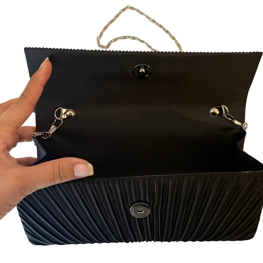 Vintage Evening Clutch Women‎ Black Rhinestone Pleated Satin Chain Strap Regency
